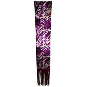 Bebe Long Purple Abstract Patterned Silk Scarf‎ With Fringe Glam Rock Luxury Hot